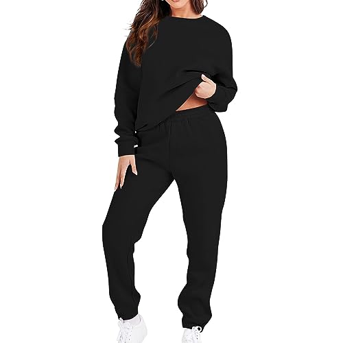 JUTOO Hausanzug, Traingsanzug Damen Jogginganzug Rundhalsausschnitt Lange Ärmel Top + Hose Sportanzug 2 Stück Hausanzug Kuschelig Workout Set Für Hausanzüge Frauen Set (XL, Black) von JUTOO