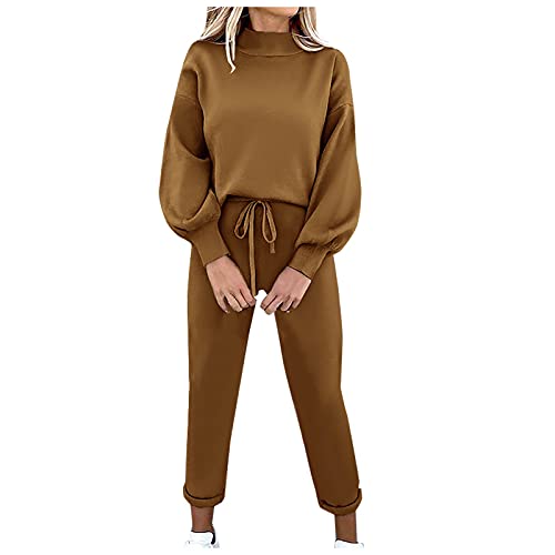 JUTOO Hausanzug Damen Winter, Jogginganzug Tracksuit Langarm Rundhalsausschnitt Einfarbig Zweiteiler Outfit Jogger Trainingsanzug Set Sweatshirt & Jogginghose Baumwolle Jumpsuit (L, Coffee) von JUTOO