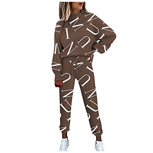 JUTOO Jogginganzug Damen, Trainingsanzug Mode 2 Stück Set Frauen Sportanzug Farbnähte Sweatshirt + Lange Hose Sportswear Yoga Outfit Damen-Jogginganzüge Set Jogginanzuck Jumpsuit (XL, Coffee) von JUTOO