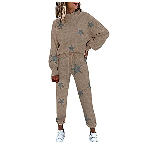 JUTOO Jogginganzug Damen, Trainingsanzug Mode 2 Stück Set Frauen Sportanzug Farbnähte Sweatshirt + Lange Hose Sportswear Yoga Outfit Warmer Hausanzug Damen Set Hausarzt Overalls (XXL, Coffee) von JUTOO