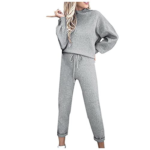 JUTOO Jogginganzug Damen Baumwolle, Tracksuit Langarm Rundhalsausschnitt Einfarbig Zweiteiler Outfit Jogger Trainingsanzug Set Sweatshirt & Jogginghose Anzug Set Pyjama (L, Gray) von JUTOO