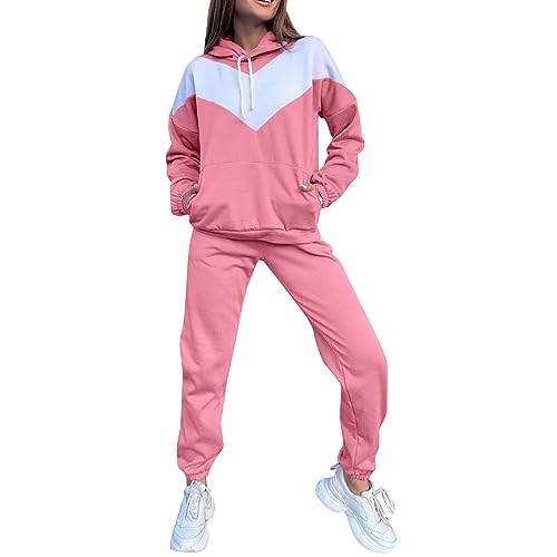 JUTOO Jogginganzug Damen Set, Traingsanzug Solid Colour Kapuzenpullover Lange Ärmel Top + Hose Sportanzug 2 Stück Kuscheliger Hausanzug Kuschelig Jogging Für Jooginganzug Set Sweat (S, Rosa) von JUTOO