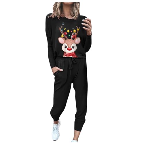 JUTOO Jumpsuit Damen Winter Flauschig, Weihnachtstag Sportbekleidung Anzug 2 Stück Langarm Lose Christmas Sweatshirt & Jogginghose Teiler Jogginganzug Set Plüsch Set (L, Black) von JUTOO