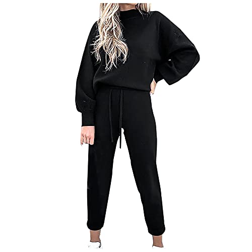 JUTOO Lounge Wear Women Set, Jogginganzug Damen Tracksuit Langarm Rundhalsausschnitt Einfarbig Zweiteiler Outfit Jogger Trainingsanzug Set Sweatshirt & Jogginghose Set (3XL, Black) von JUTOO