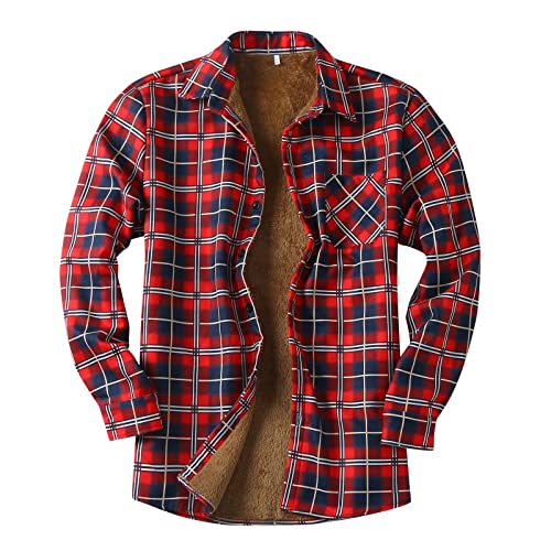 JUTOO Oktoberfest Outfit Herren, Jacken Langarm Kariert Holzfällerhemd Casual Button Down Mantel Mit Taschen Trachten Hemden Herren Flanellhemd Winter Leinenhemden Outfit Hemd (3XL, Red) von JUTOO