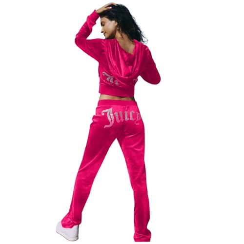 JUTOO Pyjama Set Damen, Hausanzug Kuschelig Casual Trainingsanzug Sports Verdickter Lose Bedruckter Anzug Warmer Damen Zweiteiler Jogginganzug Fleeceanzug 2 Teilig (S, Hot Pink) von JUTOO