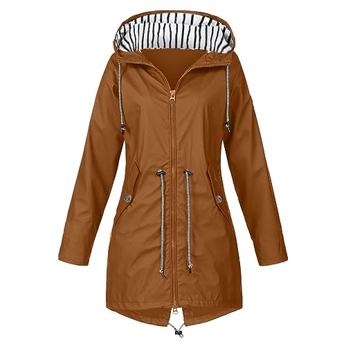 JUTOO Regenjacke Damen, Wasserdichte Faltbar Mit Kapuze, Leicht Atmungsaktive Windbreaker Jacke, Für Frauen Fahrrad Sport Outdoorjacke Regenparka Damen Wellensteyn Sport (M, Brown) von JUTOO