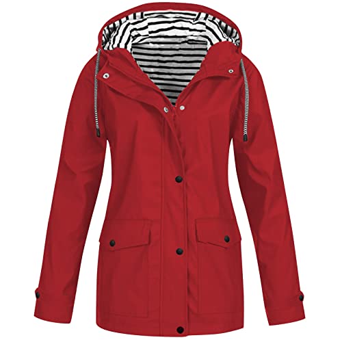 JUTOO Regenjacke Damen, Wasserdichte Faltbar Mit Kapuze, Leicht Atmungsaktive Windbreaker Jacke, Für Frauen Fahrrad Sport Outdoorjacke. Lounge Set Damen Herbstmantel Coat (XXL, Red) von JUTOO