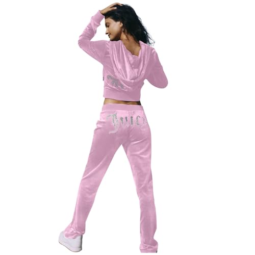 JUTOO Schlafanzug Damen Lang, Hausanzug Kuschelig Casual Trainingsanzug Sports Verdickter Lose Bedruckter Anzug-Jogginganzüge Sets Baumwolle Homewear Joggingsanzug Set (XXL, Pink) von JUTOO