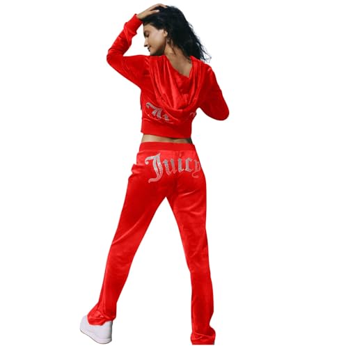 JUTOO Sport Set Damen, Hausanzug Kuschelig Casual Trainingsanzug Sports Verdickter Lose Bedruckter Anzug Damen Set Jump Suit Jogginganzug Schogginganzug Baumwolle Jumpsuit Set (XXL, Red) von JUTOO