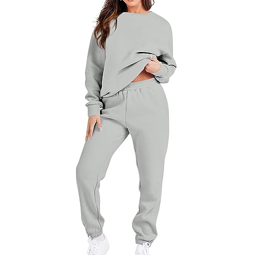 JUTOO Sportanzug Damen, Hausanzug Kuschelig Solid Colour Rundhalsausschnitt Sportswear Sets Jogginganzug Langarm Top + Hose Sportswear Set 2 Stück Loungewear Damen Set (XL, Gray) von JUTOO