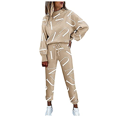 JUTOO Streatwear Trainingsanzüge Für Damen, Trainingsanzug Mode 2 Stück Set Frauen Sportanzug Farbnähte Sweatshirt + Lange Hose Jogginganzug Sportswear Yoga Outfit Set Sport Suit (L, Khaki) von JUTOO