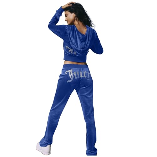 JUTOO Trainingsanzug Damen, Hausanzug Kuschelig Casual Sports Verdickter Lose Bedruckter Anzug 2 Teiler Damen Winter Set Baumwolle Jogger Fleece Blau Jogginganzug Set Sport (XL, Blue) von JUTOO