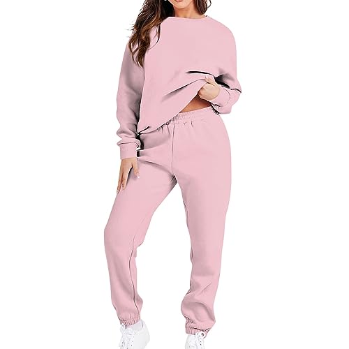 JUTOO Trainingsanzug Damen, Hausanzug Kuschelig Solid Colour Rundhalsausschnitt Sportswear Sets Jogginganzug Langarm Top + Hose Sportswear Set 2 Stück Damen Samtanzug Sweat Suit (XXL, Pink) von JUTOO