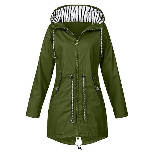 JUTOO Übergangsjacke Damen, Wasserdichte Faltbar Regenjacke Mit Kapuze, Leicht Atmungsaktive Windbreaker Jacke, Für Frauen Fahrrad Sport Outdoorjacke Faltbare Damen Sport (XL, Armeegrün) von JUTOO