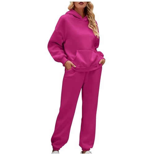 JUTOO Zweiteiler Damen, Hausanzug Kuschelig Solid Colour Sportswear Sets Jogginganzug Hoodie Langarm Top + Hose Sportswear Set 2 Stück Damen Elegant Jogginanzu Damrn Set Jumpsuit (XL, Hot Pink) von JUTOO