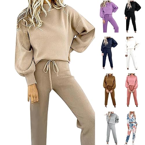 JUTOO Zweiteiler Damen Jogginganzug, Tracksuit Langarm Rundhalsausschnitt Einfarbig Outfit Jogger Trainingsanzug Set Sweatshirt & Jogginghose Gym Set Warmer Hausanzug Pyjama Sweat (M, Khaki) von JUTOO