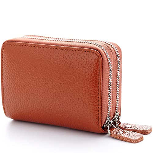 JUVEL Damen Leder Geldbörse - Kreditkartenetui Damen mit Münzfach Doppelreißverschluss 10 Kartenfächer Mini Damen Portemonnaie Münzfach Zipper Brieftasche Kartenhalter für Damen Frauen (Braun) von JUVEL