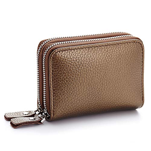 JUVEL Leder Geldbörse für Damen - Kreditkartenetui mit Münzfach, Doppelreißverschluss, 10 Kartenfächer, Mini Portemonnaie, Zipper Brieftasche, Kartenhalter für Frauen (Bronze) von JUVEL