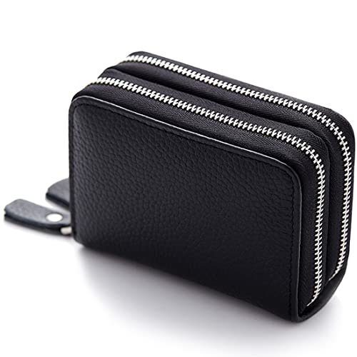 JUVEL Leder Geldbörse - Kreditkartenetui mit Münzfach Doppelreißverschluss 10 Kartenfächer Mini Portemonnaie Zipper Brieftasche Kartenhalter für Damen Frauen (Schwarz) von JUVEL