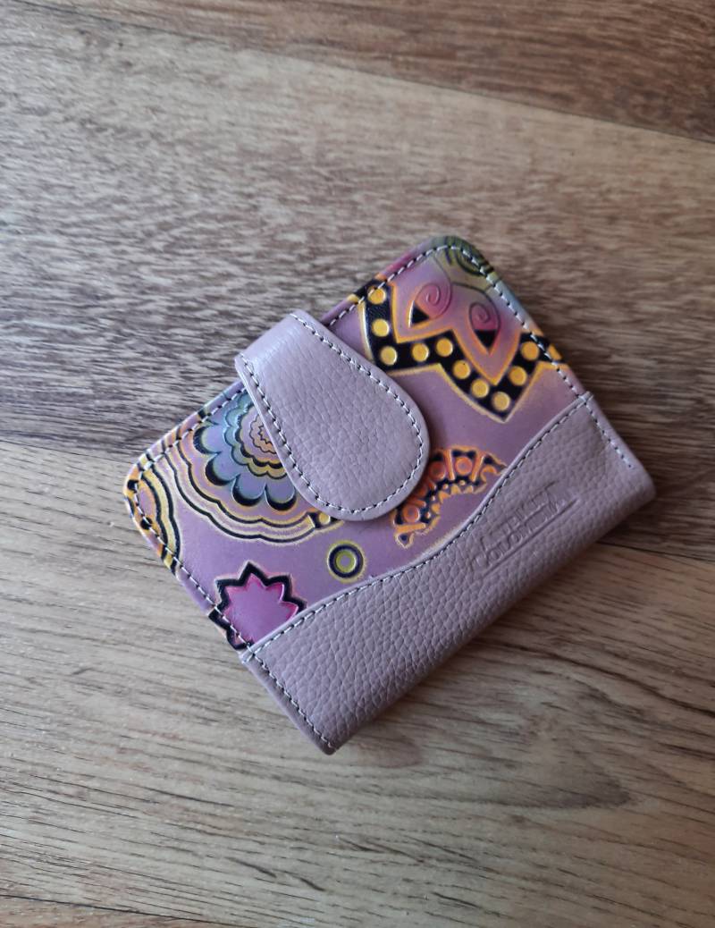 Boho Geldtasche Aus Leder Mit Abstraktem Bild, Portemonnaie Rosa Geschenk Für Frau von JUWELUNDCHARME