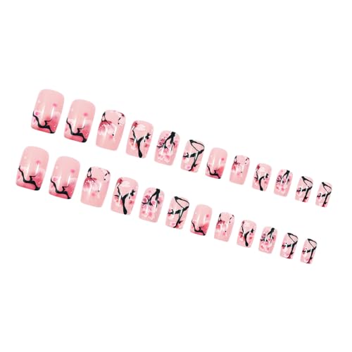 24 quadratische Kunstnägel mit zartem Baumzweig-Blumendruck für Damen, Maniküre, glänzend, zum Aufkleben, Nagelkunst-Set von JUYAXIN