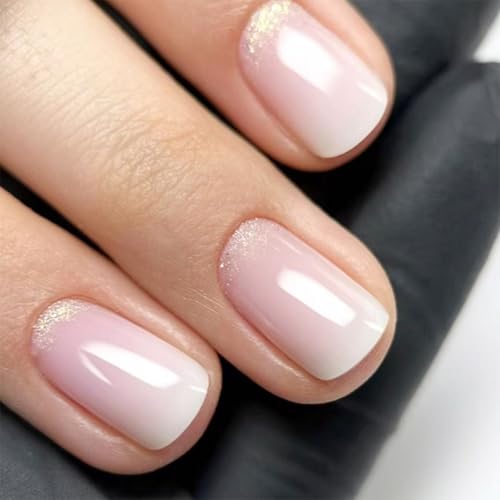 24 quadratische Nägel zum Aufdrücken, glänzendes Design, französische künstliche Acryl-Klebstoffe, für Damen, Sarg, Mandel, französische Spitze von JUYAXIN