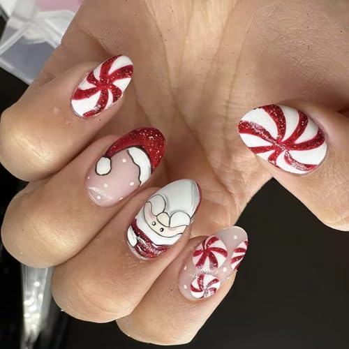 JUYAXIN 24 Stück Weihnachten Press on Nails Schneeflocken Designs Streifen Stick on Nails Künstliche Vollabdeckungen Falsche Nägel für Frauen von JUYAXIN