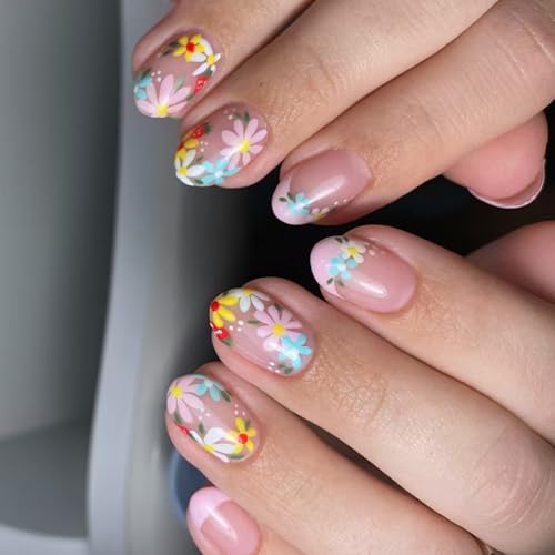 JUYAXIN Mandel-Nägel zum Aufdrücken, kurze Länge, mit französischen Spitzen und Blumendesign, Nageldekoration für Damen und Mädchen, 24 Stück von JUYAXIN