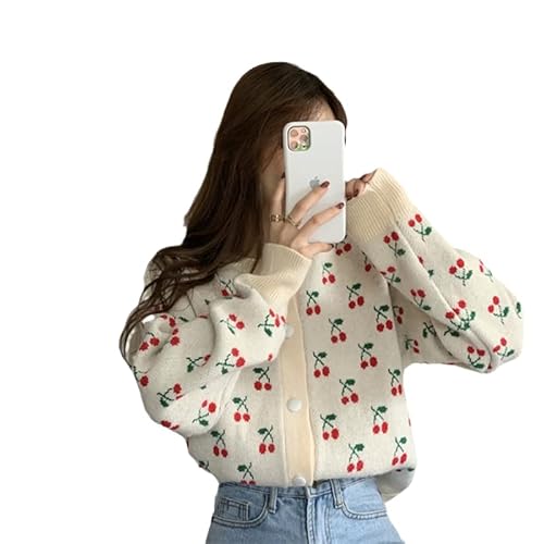 Herbst Damen Kleidung Strickjacke Pullover Kirsche Blume Pullover Lose Oberbekleidung Langarm Strick Damen Cardigan Mantel, elfenbeinfarben, XS von JUZHIJIA