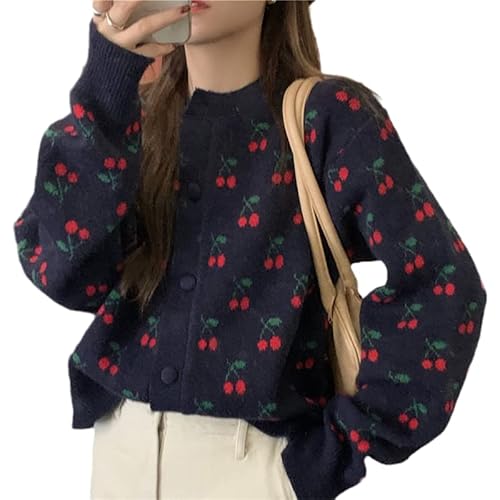 Herbst Damen Kleidung Strickjacke Pullover Kirsche Blume Pullover Lose Oberbekleidung Langarm Strick Damen Cardigan Mantel, marineblau, S von JUZHIJIA