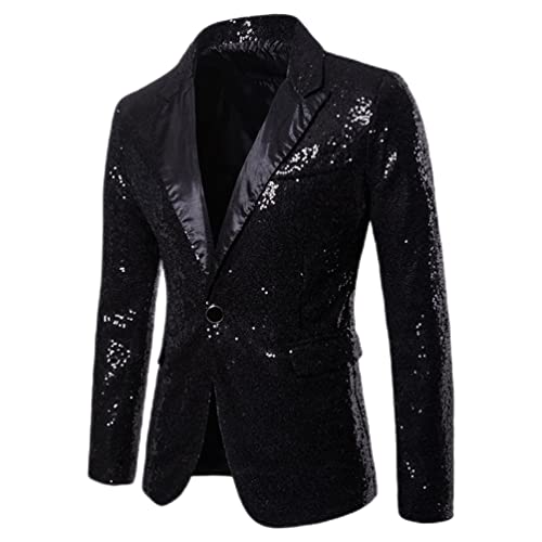 JUZHIJIA Formal Herren Glitzer Anzug Jacken Pailletten Party Knopf Tanz Bling Mäntel Hochzeit Party Herren Blazer Anzug, Schwarz , M von JUZHIJIA