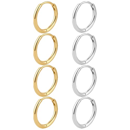 JUZICHEN 3-7 Paar Creolen Gold Silber Für Damen,Goldene Ohrringe Set Kreolen Creolen Klein,Hypoallergene Ohrringe Edelstahl,Helix Piercings Für Mehrere Piercings (4 Paar, 8mm, Gold + Silber) von JUZICHEN