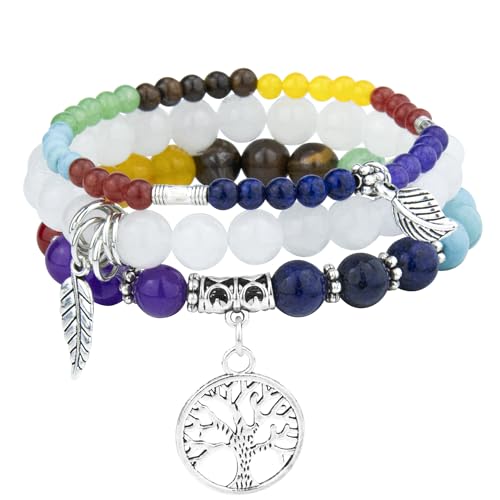 JUZICHEN 3 Stück Boho Armband Set Damen Frauen, Yoga Armband 17-24cm, Naturstein Armbänder Mit Lebensbaum Anhänger, Sommer Bunte Armbänder Für Damen Frauen (Farbe H) von JUZICHEN