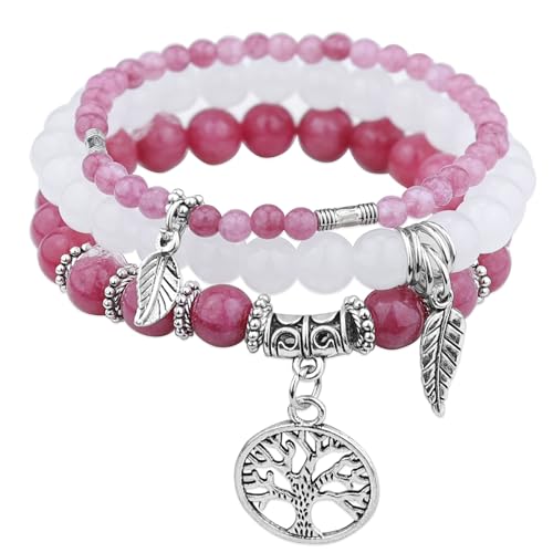 JUZICHEN 3 Stück Boho Armband Set Damen Frauen, Yoga Armband 17-24cm, Naturstein Armbänder Mit Lebensbaum Anhänger, Sommer Bunte Armbänder Für Damen Frauen (Farbe J) von JUZICHEN