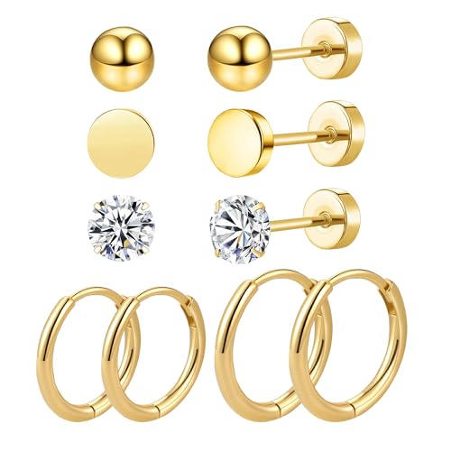 JUZICHEN 5/6/9 Paare Ohrringe Gold Silber Schwarz Für Damen, Kleine Creolen 8/10/12mm, 316L Edelstahl Ohrstecker Goldene, 14K Vergoldete Ohrringe Set Hypoallergene Für Damen (Gold) von JUZICHEN