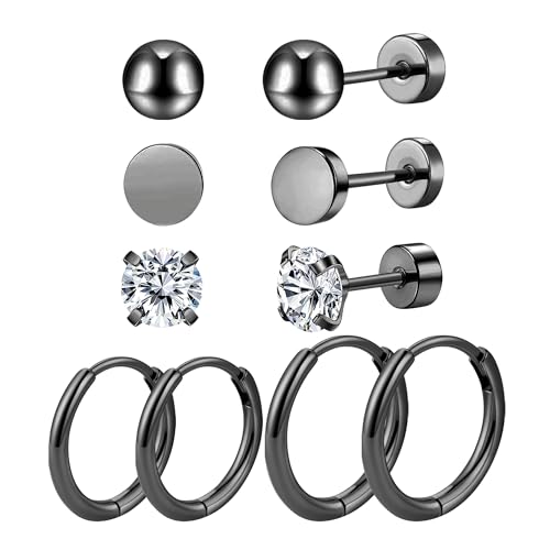 JUZICHEN 5/6/9 Paare Ohrringe Gold Silber Schwarz Für Damen, Kleine Creolen 8/10/12mm, 316L Edelstahl Ohrstecker Goldene, 14K Vergoldete Ohrringe Set Hypoallergene Für Damen (Schwarz) von JUZICHEN