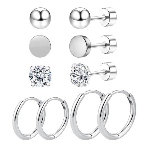 JUZICHEN 5/6/9 Paare Ohrringe Gold Silber Schwarz Für Damen, Kleine Creolen 8/10/12mm, 316L Edelstahl Ohrstecker Goldene, 14K Vergoldete Ohrringe Set Hypoallergene Für Damen (Silber) von JUZICHEN