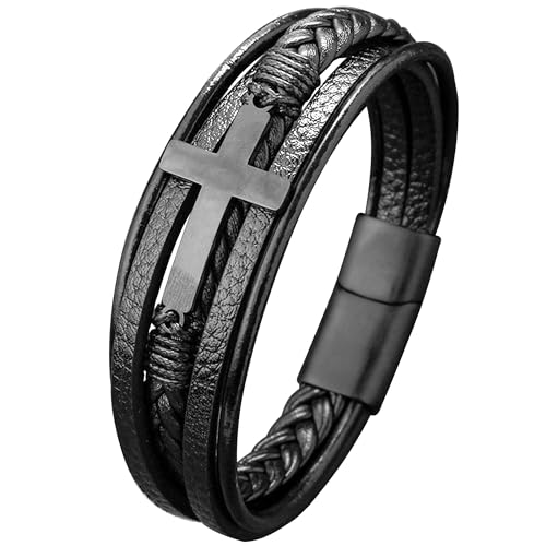 JUZICHEN Armband Herren, 21 CM Lederarmband Herren, Herrenarmband Edelstahl Baum Des Lebens, Geflochtenes Kreuz Armbänder Für Männer (A4) von JUZICHEN