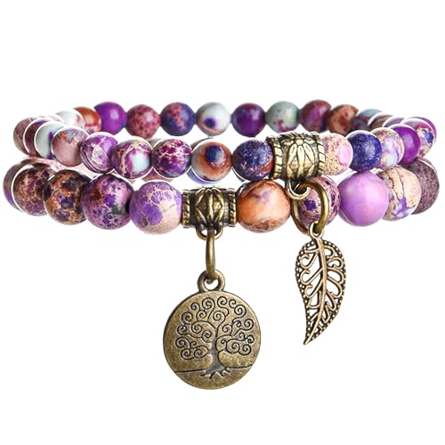 JUZICHEN Chakra Armband Damen, Yoga Armband Damen Mit Lebensbaum, Boho Armbänder Bunte Naturstein Für Frauen 16-25cm (A10) von JUZICHEN