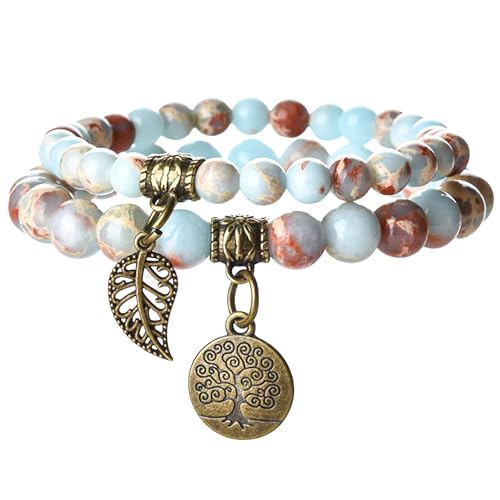 JUZICHEN Chakra Armband Damen, Yoga Armband Damen Mit Lebensbaum, Boho Armbänder Bunte Naturstein Für Frauen 16-25cm (A2) von JUZICHEN