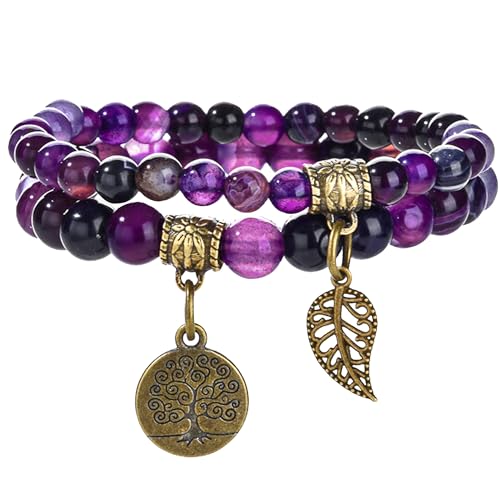 JUZICHEN Chakra Armband Damen, Yoga Armband Damen Mit Lebensbaum, Boho Armbänder Bunte Naturstein Für Frauen 16-25cm (A8) von JUZICHEN