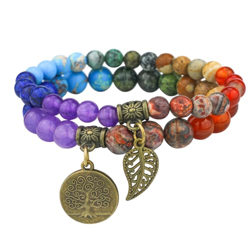 JUZICHEN Chakra Armband Damen, Yoga Armband Damen Mit Lebensbaum, Boho Armbänder Bunte Naturstein Für Frauen 16-25cm (B) von JUZICHEN