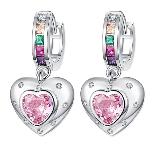 JUZICHEN Mädchen Liebe Herz baumeln Ohrringe, S925 Silber Ohrringe, bunte Zirkonia Stern Blume Ohrringe, Silber bunte Ohrringe für Mädchen (Stil A, Rosa) von JUZICHEN