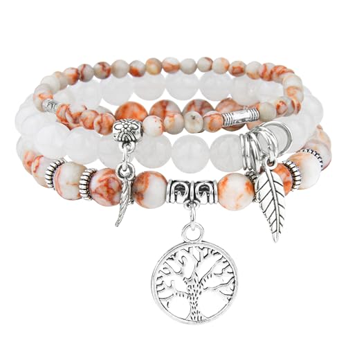 JUZICHEN 3 Stück Boho Armband Set Für Damen, Chakra Yoga Armband 17-24cm, Achat Naturstein Mit Lebensbaum Anhänger, Sommer Bunte Armbänder (Farbe A) von JUZICHEN