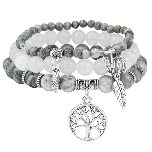 JUZICHEN 3 Stück Boho Armband Set, Chakra Für Frauen, Yoga 17-24cm, Achat Naturstein Mit Lebensbaum Anhänger, Sommer Bunte Armbänder Damen (Farbe B) von JUZICHEN
