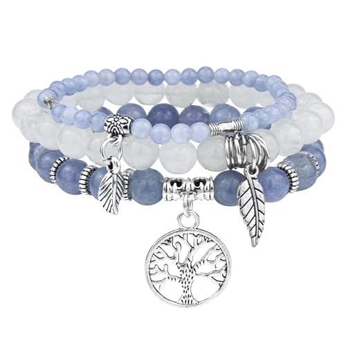 JUZICHEN 3 Stück Boho Armband Set für Damen, Chakra Yoga Schmuck 17-24cm, Achat Naturstein Mit Lebensbaum Anhänger, Sommer Bunte Armbänder (Farbe C) von JUZICHEN