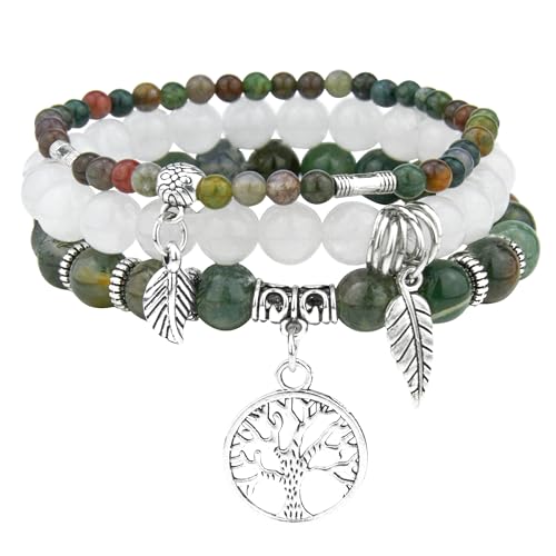 JUZICHEN 3 Stück Boho Armband Set Damen, Chakra Armband Für Frauen, Yoga Armband Damen 17-24cm, Achat Naturstein Armband Mit Lebensbaum Anhänger, Sommer Bunte Armbänder Für Damen Frauen (Farbe D) von JUZICHEN