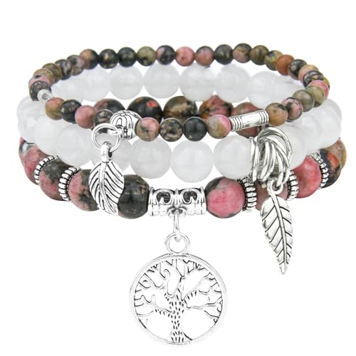 JUZICHEN 3 Stück Boho Armband Set Damen Frauen, Yoga Armband 17-24cm, Naturstein Armbänder Mit Lebensbaum Anhänger, Sommer Bunte Armbänder Für Damen Frauen (Farbe E) von JUZICHEN