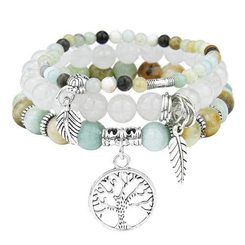 JUZICHEN 3 Stück Boho Armband Set Damen Frauen, Yoga Armband 17-24cm, Naturstein Armbänder Mit Lebensbaum Anhänger, Sommer Bunte Armbänder Für Damen Frauen (Farbe F) von JUZICHEN